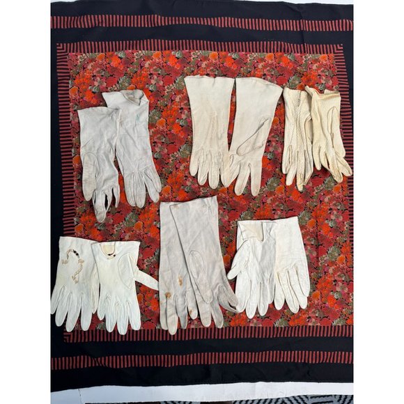 6 pr Vintage Gloves 50s to 70s White Leather With Flaws - Picture 4 of 14